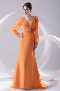 Empire Orange V-neck Long Sleeves Mother Of The Bride Dress With Beading Ruching