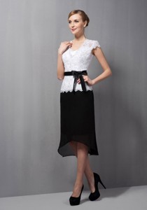 Black and White Column Square Tea-length Lace and Chiffon Sash Mother Of The Bride Dress 