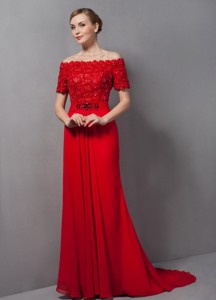 Custom Made Red Column Mother Of The Bride Dress Off The Shoulder Appliques Brush Train Chiffon 
