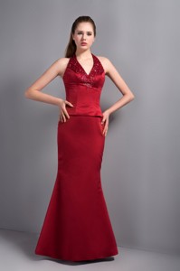 Popular Wine Red Satin Mermaid Halter Top Bridesmaid Dress with Beading 