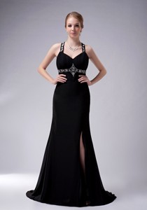 Exquisite Black Straps Mother Of The Bride Dress Brush Train Chiffon Beading
