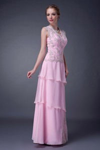 Customize Baby Pink Empire V-neck Mother Of The Bride Dress Chiffon Floor-length Appliques 