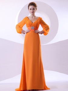 V-neck Beading And Ruching Decorate Bodice Long Sleeves Orange Chiffon Brush Train Mother Of The Bride Dress