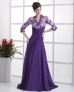 Lace With Beading Decorate Up Bodice V-neck 3 4 Sleeves Purple Brush Train Mother Of The Bride Dress