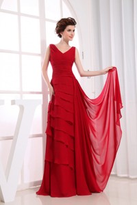 Ruffled Layers Wine Red Chiffon V-neck Mother Of The Bride Dress Floor-length