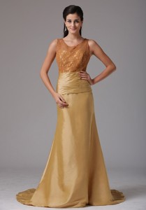 Custom Made Gold Scoop Ruching And Lace Mother Of The Bride Dress With Satin