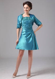 Teal Appliques and Ruch Mini-length Mother Of The Bride Dress With Jacket In Milledgeville Georgia 