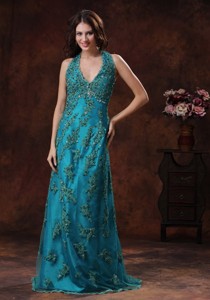 Halter Turquoise Brush Train Mother Of The Bride Dress With Appliques Decorate In Auburn Alabama
