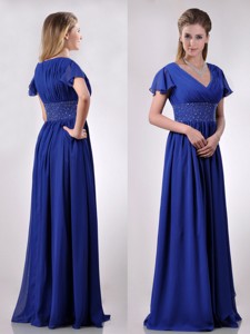 Low Price V Neck Beaded Blue Long Mother Of The Bride Dress With Short Sleeves