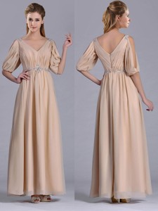 Cheap Beaded And Ruched V Neck Long Mother Of The Bride Dress In Champagne