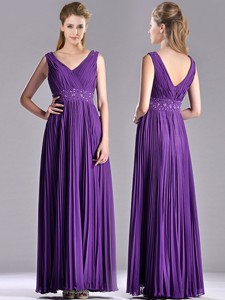 Luxurious V Neck Purple Mother Of The Bride Dress With Beading And Pleats