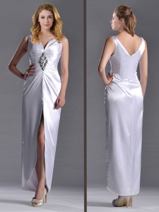 Exquisite Column V Neck Mother Of The Bride Dress With Beading And High Slit