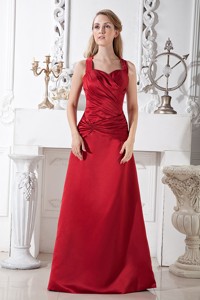 Wine Red Halter Floor-length Satin Ruch Mother Of The Bride Dress