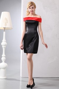 Red And Black Column Off The Shoulder Mini-length Taffeta Ruch Mother Of The Bride Dress
