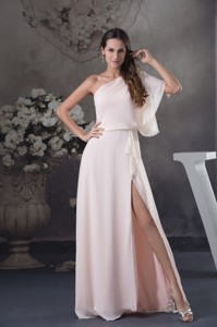 Peach One Shoulder Short Sleeves Chiffon Mothers Dress For Weddings
