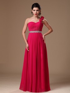 Coral Red Empire One Shoulder Hand Made Flowers Beaded Decorate Waist Formal Evening Prom Dress For