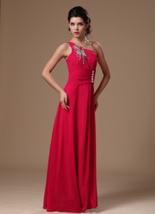 Coral Red One Shoulder Floor-length Beaded Customize New Arrival Prom Gowns