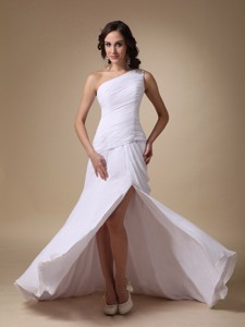 White Column One Shoulder Brush Train Chiffon and Elastic Wove Satin Ruch Prom Dress