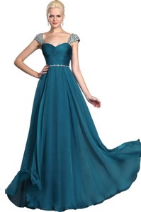 Gorgeous Beaded Teal Cap Sleeves Prom Dress With Straps