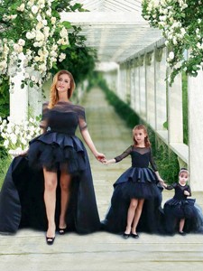 Fashionable High Low Navy Blue Prom Dress with Bateau and Gorgeous See Through 3/4 Length Sleeves Li