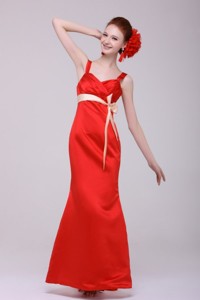 Cheap Column Straps Floor-length Taffeta Sashs Red Prom Dress