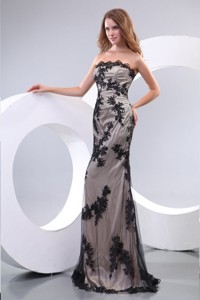 Discout Column Strapless Floor-length Tulle Appliques Black Prom Dress