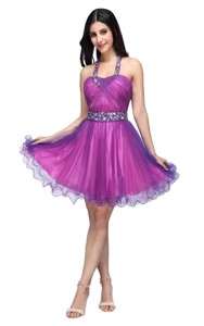 Halter Top Beading And Ruching Knee-length Purple Prom Dress