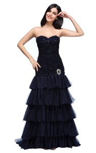 Navy Blue Sweetheart Ruffled Layers Beading Appliques Prom Dress