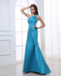 Mermaid One Shoulder Ruching Beading Blue Floor-length Prom Dress