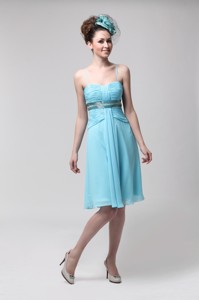 Sweet Strapless Knee-length Empire Blue Chiffon Prom Dress with Beading