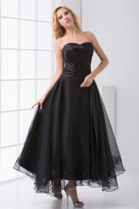 Strapless Black Ankle-length Embroidery Prom Dress