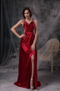 Wine Red Empire V-neck Prom Dress Beading and Ruch Taffeta