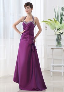 Eggplant Purple Halter Top Beading And Ruching Taffeta Prom Dress