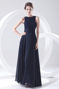 Navy Blue Prom Dress With Lace Bateau Black Empire Chiffon