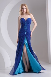 Column Blue Sweetheart Beading High Slit Chiffon Prom Dress 