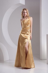 Column One Shoulder High Slit Beading Ruching Taffeta Prom Dress in Gold 
