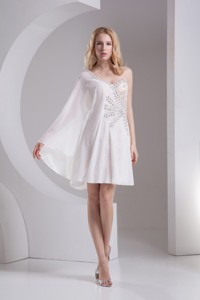 Column White One Shoulder Chiffon Prom Dress with Beading and Lace 