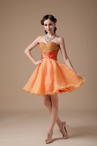 Cheap Orange Red Sweetheart Prom Dress Organza Beading Mini-length