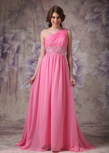 Wonderful Rose Pink Empire One Shoulder Prom Dress Chiffon Ruch And Beading Brush Train