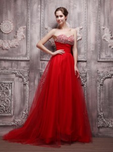 Red Sweetheart Brush Train Net Beading Prom Dress