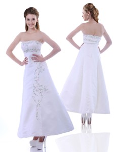 Elegant Ankle Length White Prom Dress with Embroidery and Beading
