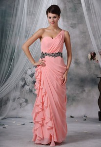 Spencer Iowa Beaded Decorate Wasit Ruched Decorate One Shoulder Light Pink Chiffon Floor-length For