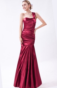 Wine Red Mermaid One Shoulder Prom Dress Taffeta Ruch Floor-length
