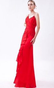 Red Column Straps Floor-length Chiffon Beading Homecoming Dress