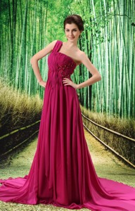 Custom Made Fuchsia One Shoulder Ruched Bodice Cantaura Prom Dress Beaded Decorate Bust In Formal Ev