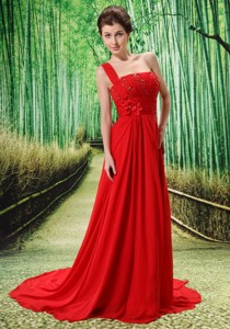 Custom Made Red One Shoulder Appliques Clarines Prom Dress Beaded Decorate Bust In Formal Evening