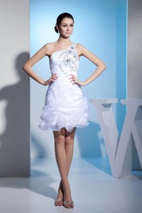 White Column One Shoulder Prom Gowns with Beading and Pick-ups