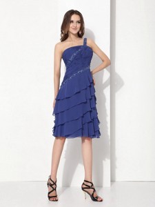 Beaded One Shoulder Knee Length Prom Dress With Ruffled Layers