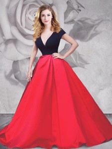 Best Selling Deep V NeckLine Short Sleeves Prom Dress in Red and Black