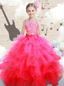 Beautiful Halter Top Hot Pink Little Girl Pageant Dress With Beading